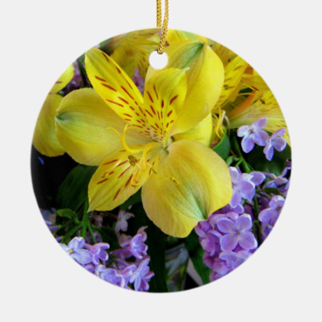 Yellow Daylilies & Purple Lilac Flowers Ceramic Tree Decoration (Front)