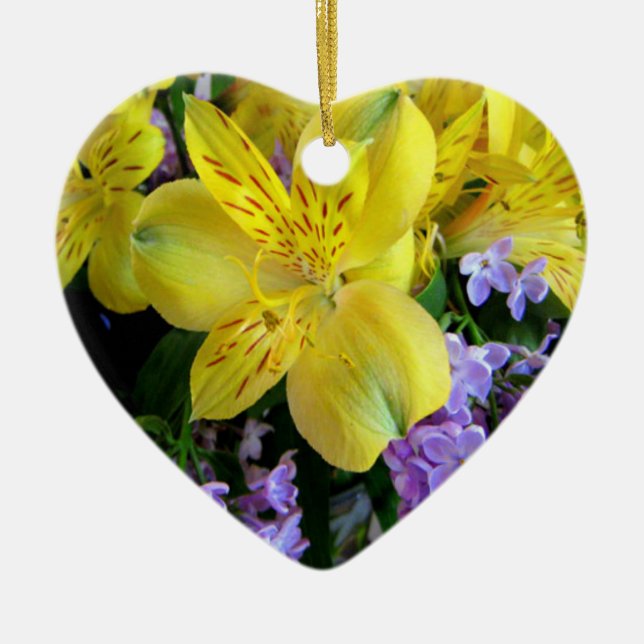 Yellow Daylilies & Purple Lilac Flowers Ceramic Tree Decoration (Front)