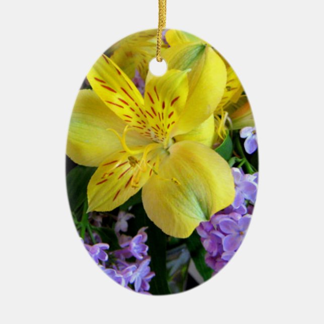 Yellow Daylilies & Purple Lilac Flowers Ceramic Tree Decoration (Front)