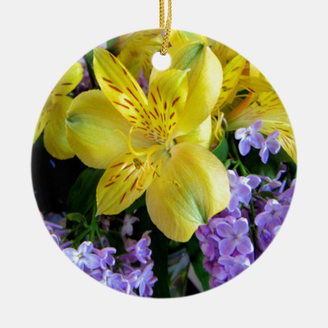 Yellow Daylilies & Purple Lilac Flowers Ceramic Tree Decoration (Front)