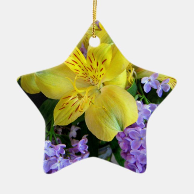 Yellow Daylilies & Purple Lilac Flowers Ceramic Tree Decoration (Front)