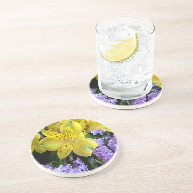 Yellow Daylilies & Purple Lilac Flowers Coaster (Side)