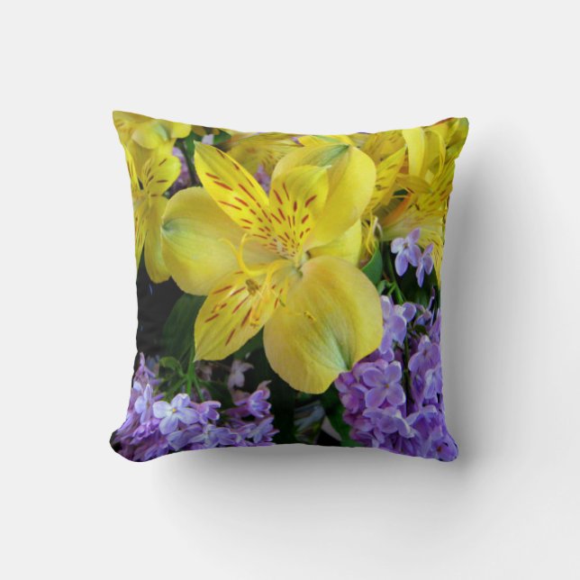 Yellow Daylilies & Purple Lilac Flowers Cushion (Front)