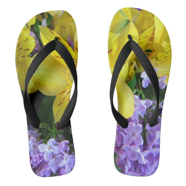 Yellow Daylilies & Purple Lilac Flowers Flip Flops (Footbed)