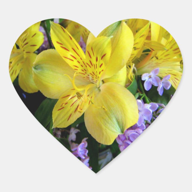 Yellow Daylilies & Purple Lilac Flowers Heart Sticker (Front)