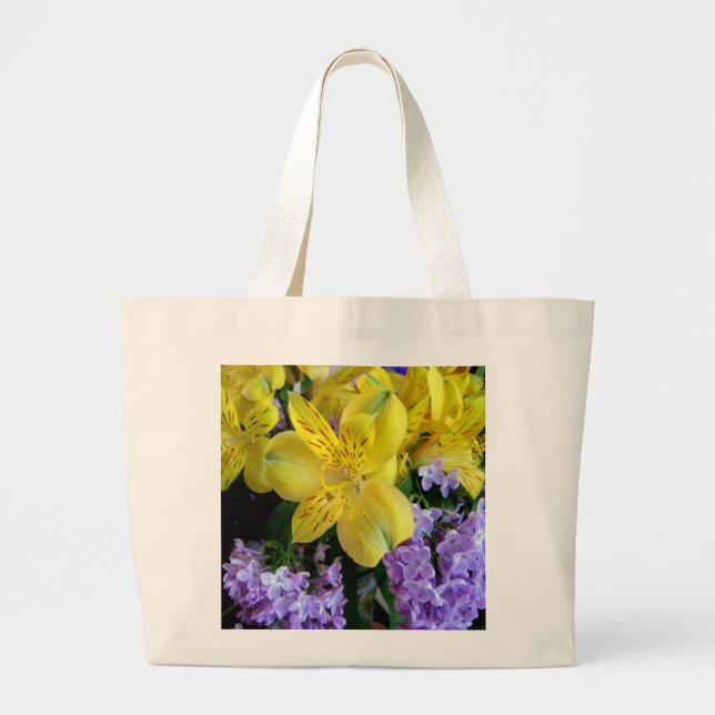 Yellow Daylilies & Purple Lilac Flowers Large Tote Bag (Front)