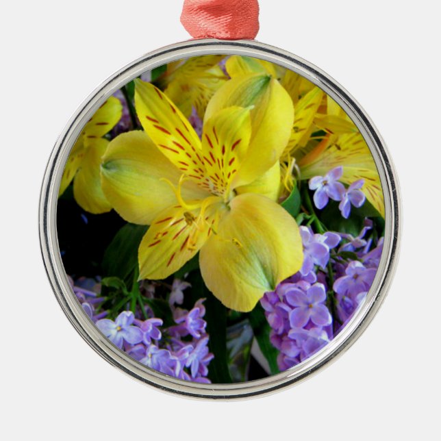 Yellow Daylilies & Purple Lilac Flowers Metal Tree Decoration (Front)