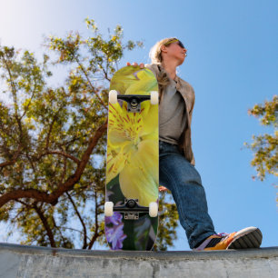 Yellow Daylilies & Purple Lilac Flowers Skateboard