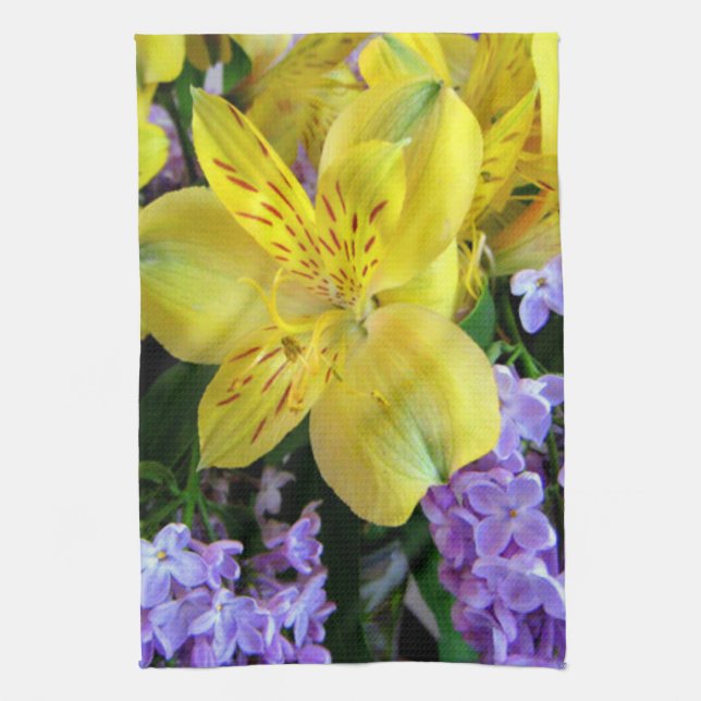 Yellow Daylilies & Purple Lilac Flowers Tea Towel (Vertical)