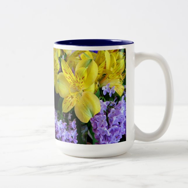 Yellow Daylilies & Purple Lilac Flowers Two-Tone Coffee Mug (Right)