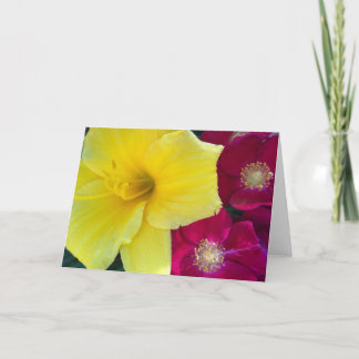 Yellow Daylily and Crimson Roses Greeting Card