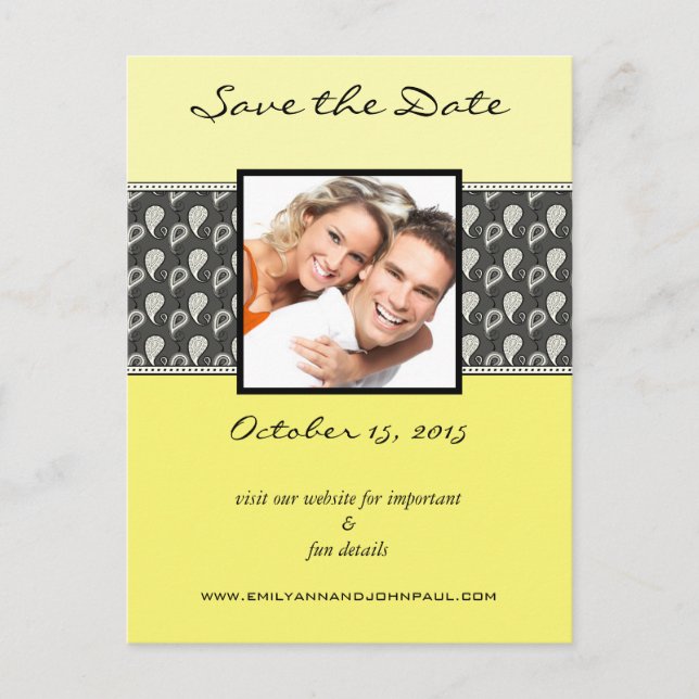 Yellow Deep Grey Paisley Save The Date Your Photos Announcement Postcard (Front)