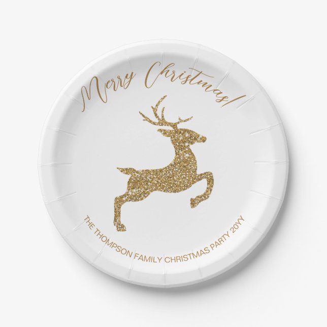 Yellow Deer Shape In Faux Glitter Look With Text Paper Plate (Front)