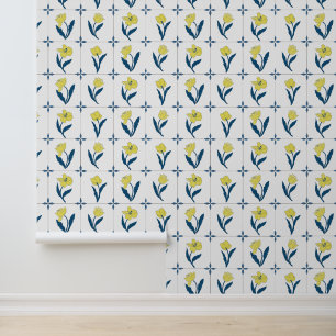 Yellow Delft Floral Tile Pattern Wallpaper