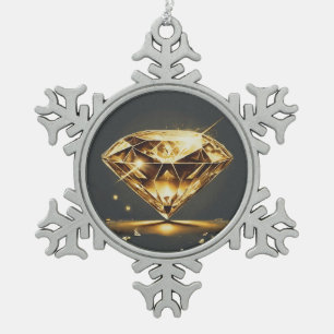 Yellow Diamond and Black Background Snowflake Pewter Christmas Ornament