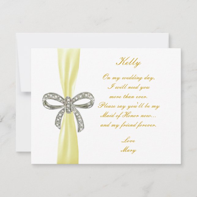Yellow Diamond Bow Wedding Maid Of Honour Card (Front)