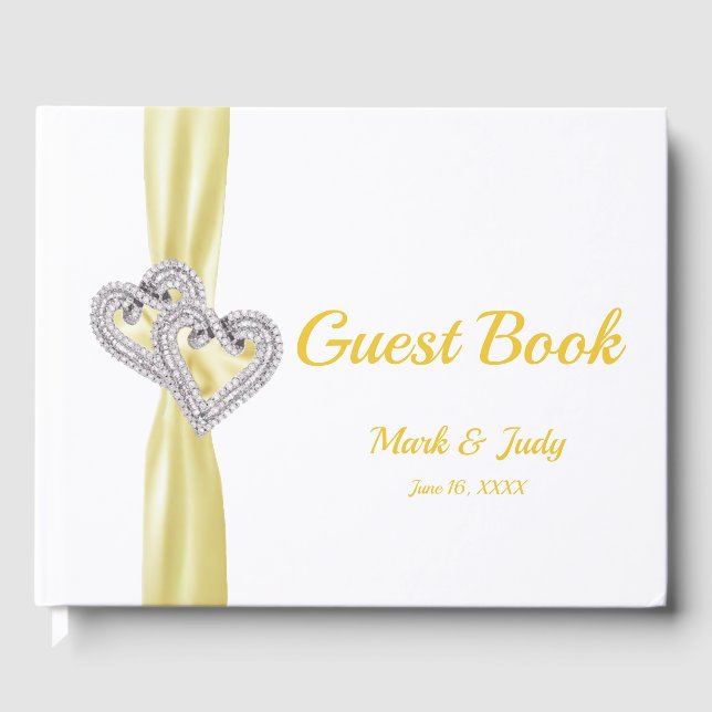 Yellow Diamond Hearts Wedding Guestbook (Front)