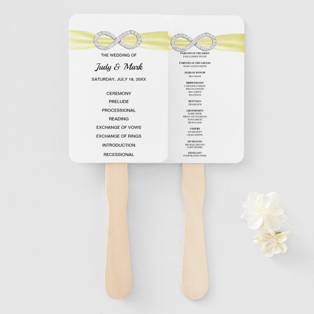 Yellow Diamond Infinity Wedding Program Fans (Front and Back)