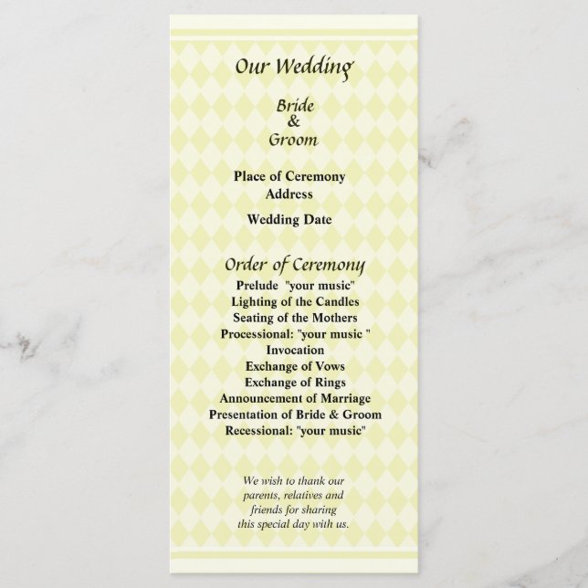 Yellow Diamonds Wedding Program Programme (Front)