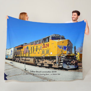 Yellow Diesel Locomotive Train - Add Name   Canvas Fleece Blanket