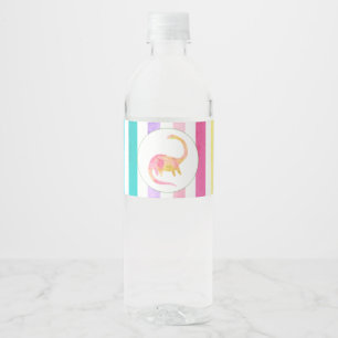 Yellow Dinosaur and pastel stripes Water Bottle Label