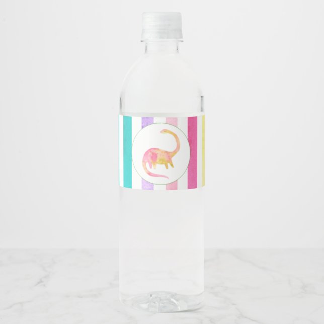 Yellow Dinosaur and pastel stripes Water Bottle Label (Front)