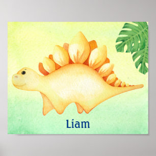 Yellow Dinosaur Boy's Name Nursery Watercolor Post Poster