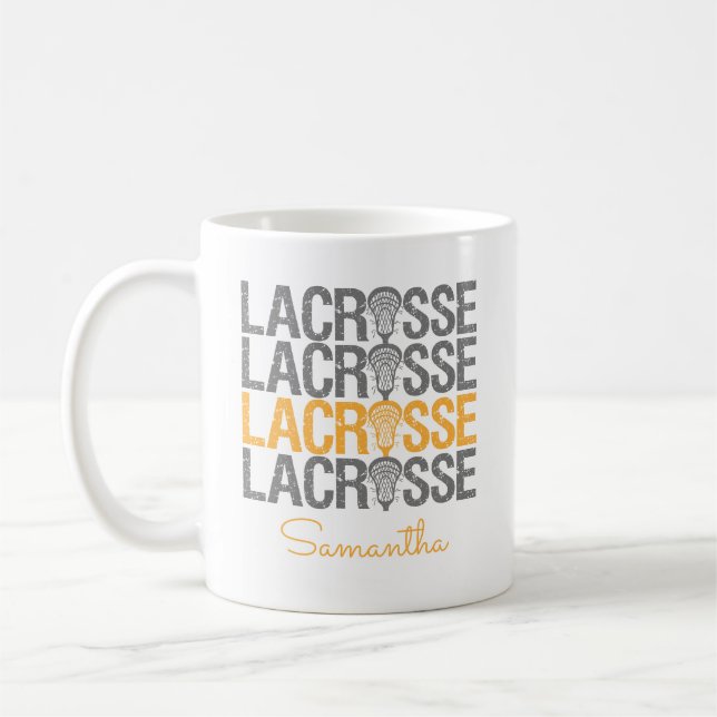 Yellow Distressed Lacrosse Word Coffee Mug (Left)