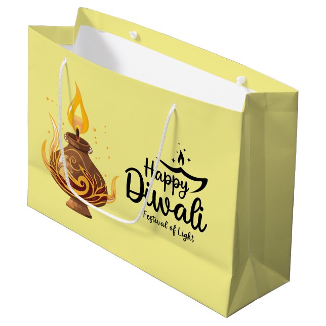 Yellow Diwali Oil Lamp Large Gift Bag (Front Angled)