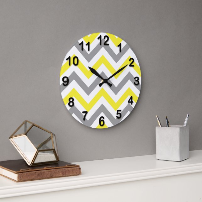 Yellow, Dk Gray Wht Large Chevron ZigZag Pattern Clock (Office)