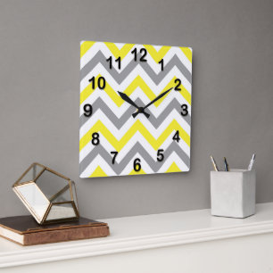 Yellow, Dk Gray Wht Large Chevron ZigZag Pattern Square Wall Clock