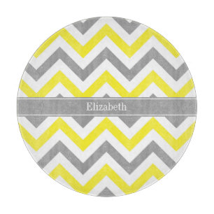 Yellow Dk Grey White LG Chevron Grey Name Monogram Cutting Board