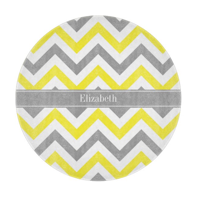Yellow Dk Grey White LG Chevron Grey Name Monogram Cutting Board (Front)