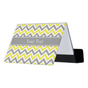 Yellow Dk Grey White LG Chevron Grey Name Monogram Desk Business Card Holder