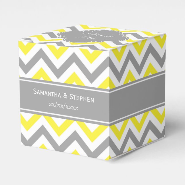 Yellow Dk Grey White LG Chevron Grey Name Monogram Favour Box (Front Side)