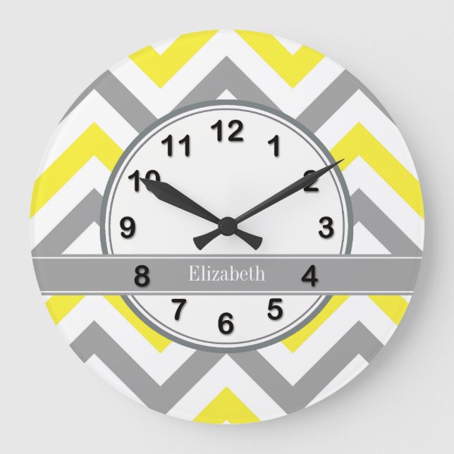 Yellow Dk Grey White LG Chevron Grey Name Monogram Large Clock (Front)