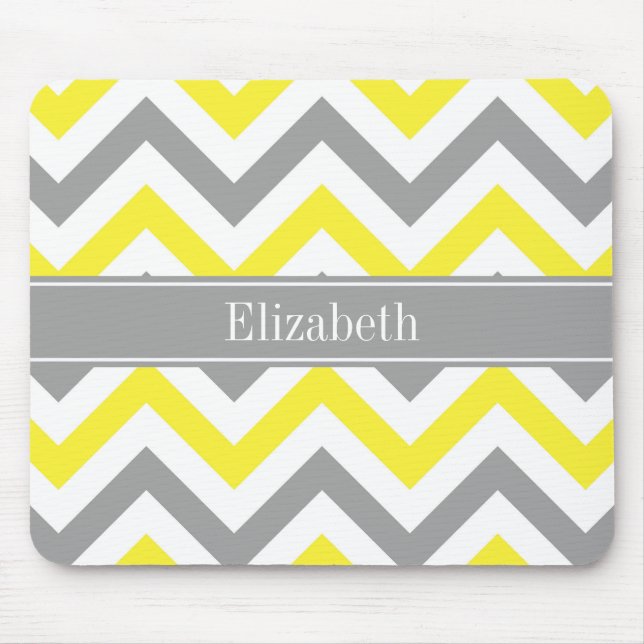 Yellow Dk Grey White LG Chevron Grey Name Monogram Mouse Mat (Front)