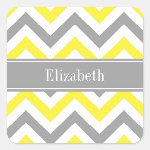 Yellow Dk Grey White LG Chevron Grey Name Monogram Square Sticker