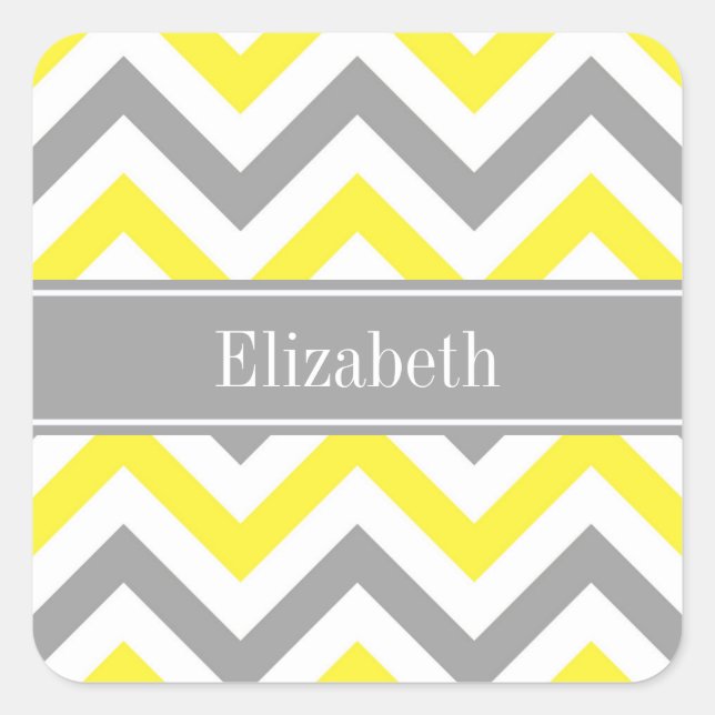 Yellow Dk Grey White LG Chevron Grey Name Monogram Square Sticker (Front)