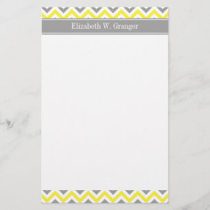 Yellow Dk Grey White LG Chevron Grey Name Monogram Stationery