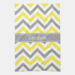 Yellow Dk Grey White LG Chevron Grey Name Monogram Tea Towel