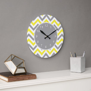Yellow, Dk Grey Wht Large Chevron ZigZag Pattern Clock