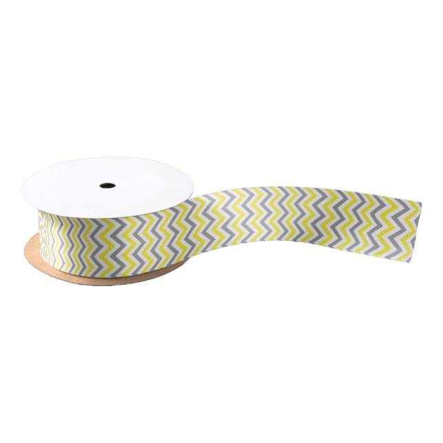 Yellow, Dk Grey Wht Large Chevron ZigZag Pattern Satin Ribbon (Spool)