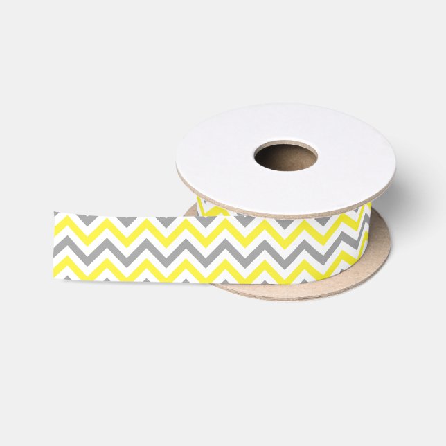 Yellow, Dk Grey Wht Large Chevron ZigZag Pattern Satin Ribbon (Spool)