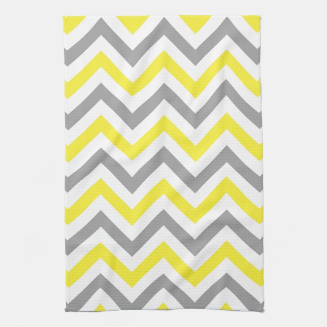 Yellow, Dk Grey Wht Large Chevron ZigZag Pattern Tea Towel (Vertical)