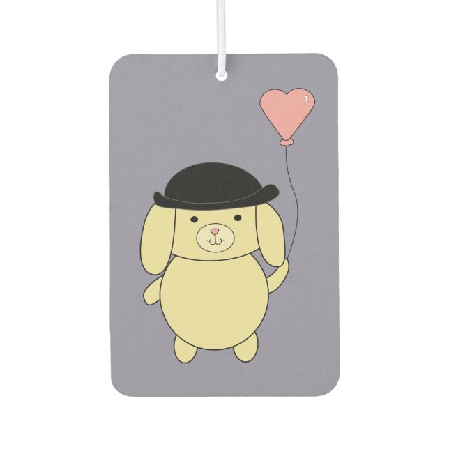 Yellow Dog in Bowler Hat with Heart Balloon Car Air Freshener (Front)