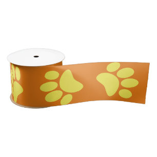 Yellow Dog Paw Prints All Over Orange Satin Ribbon
