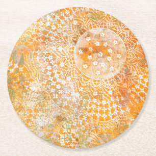 Yellow Doily Monoprint Design Round Paper Coaster