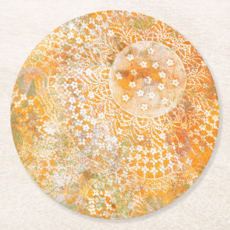 Yellow Doily Monoprint Design Round Paper Coaster