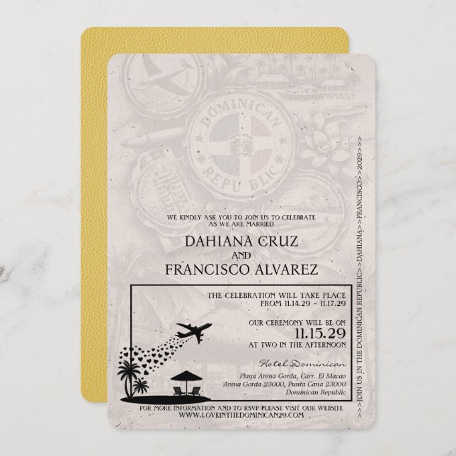 Yellow Dominican Republic Passport Wedding Invitation (Front/Back)
